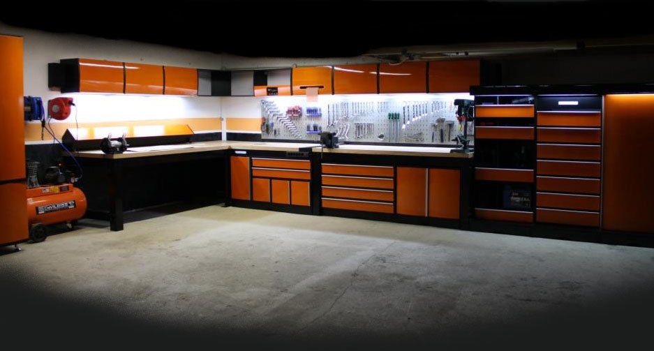 Typical set of garage / workshop layout, furniture and worktop